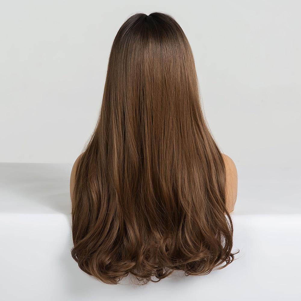 ALAN EATON Long Wavy Synthetic Wigs with Bangs for Black Women African American Ombre Black Brown Cosplay Heat Resistant Hair
