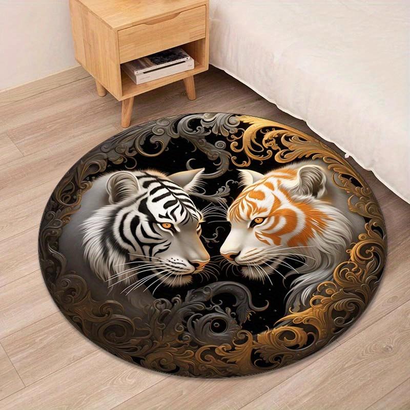 Tiger Print Round Rug, Non Slip Polyester Carpet, Shed Free Durable Mat for Bedroom, Living Room, Office Decor