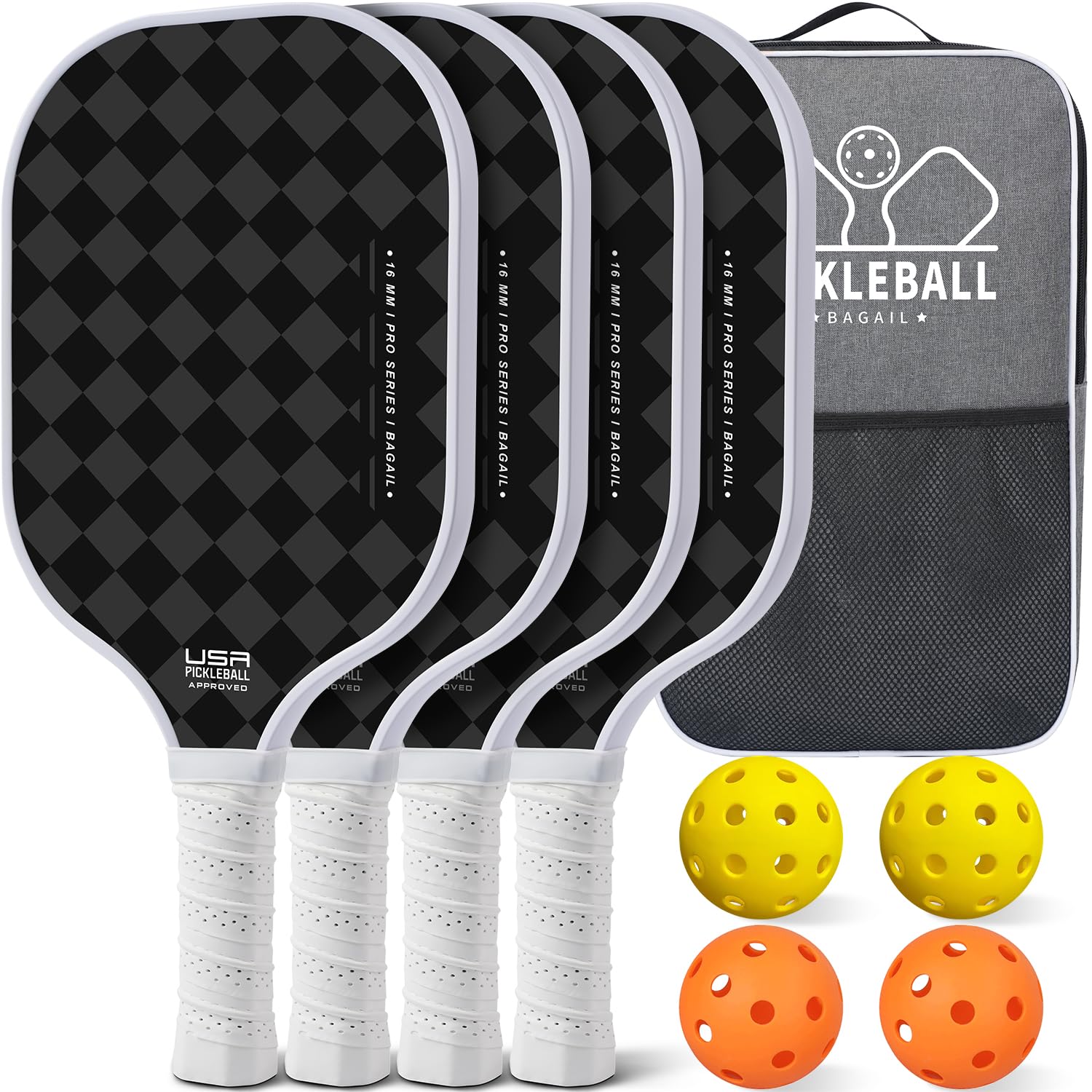 

BAGAIL Pickleball Paddle Set of 4 USAPA Approved Honeycomb Non-slip Sweat-absorbing Grip with Carry Bag White