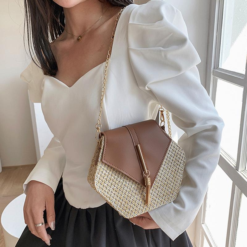 Small Straw Women Bag Ladies Chain Shoulder Bags Handmade Beach Crossbody Bags Kniting Purse