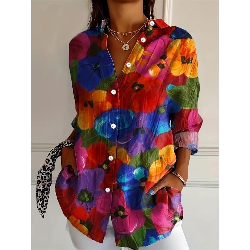 Sommer Mode Damen Revershemd Große Größe Knopf Langarm Täglich Wochenende V-Ausschnitt Oberteile Floral Bedruckt Locker Lässig Hemd