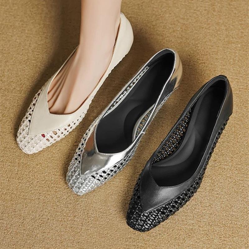 Fashion Retro Hollow Woven Low Heel Pumps Women Elegant Square Toe Thick Bottom High Heels Concise Comfortable Commuting Office Shoes