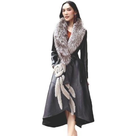 Europe, America autumn and winter new leather jacket women's long knee large size leather trench coat imitation fur coat