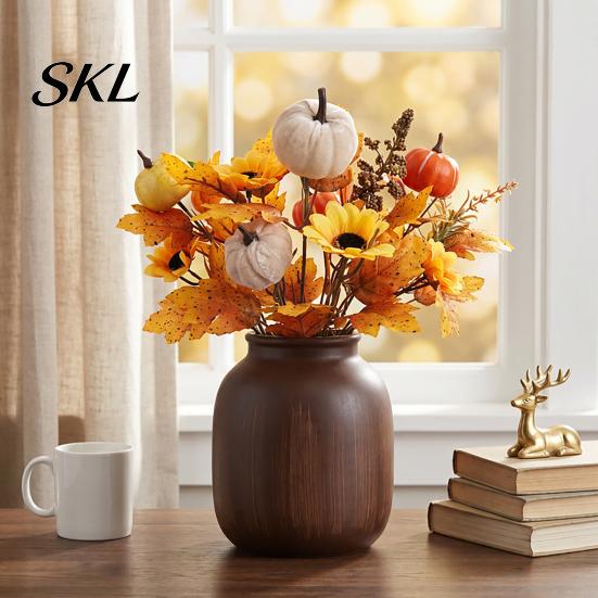 Rustic Autumn Floral Display Artificial Fall Bouquet with Fabric Pumpkins Maple Leaves Wheat Berries, Home Decor for Thanksgiving Centerpieces,