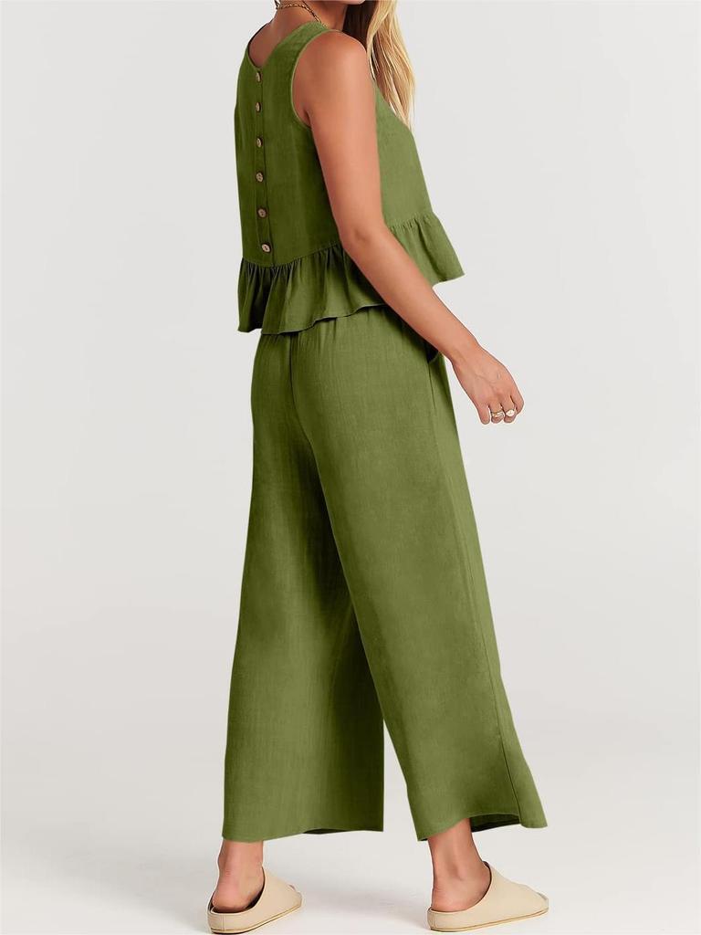2024 Summer Women's Sleeveless Pleated Vest and Wide-Leg Pants Cotton-Linen Suit