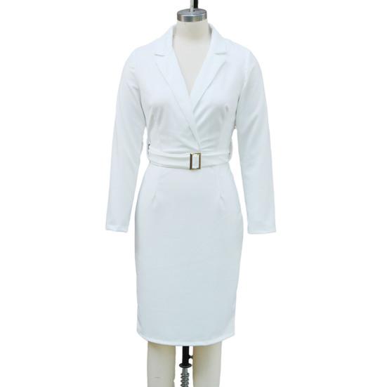 Women's Work Dress Long Sleeve Deep V Neck Bodycon Sheath Suit Dress Church Teacher Business Office Outfit with Square Buckle