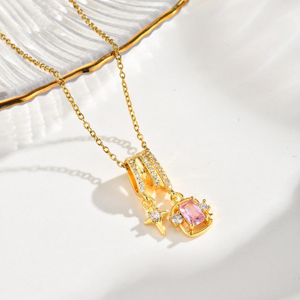 Pink Water Drop Zircon Pendant Necklace for Women Link Chain Tulip Flower Necklaces Luxury Daily Charm Jewelry Gift