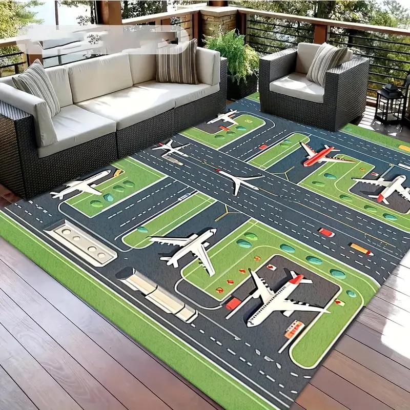 1pcs Kids Play Area Rugs Living Room Airport Landing Strips Top View Airplane Arrival 3D Rug Kids' Bedroom Playroom Decor