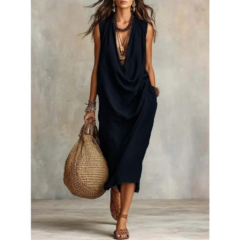 Women Casual Loose Cowl Neck Sleeveless Solid Color Long Swing Vacation Dress