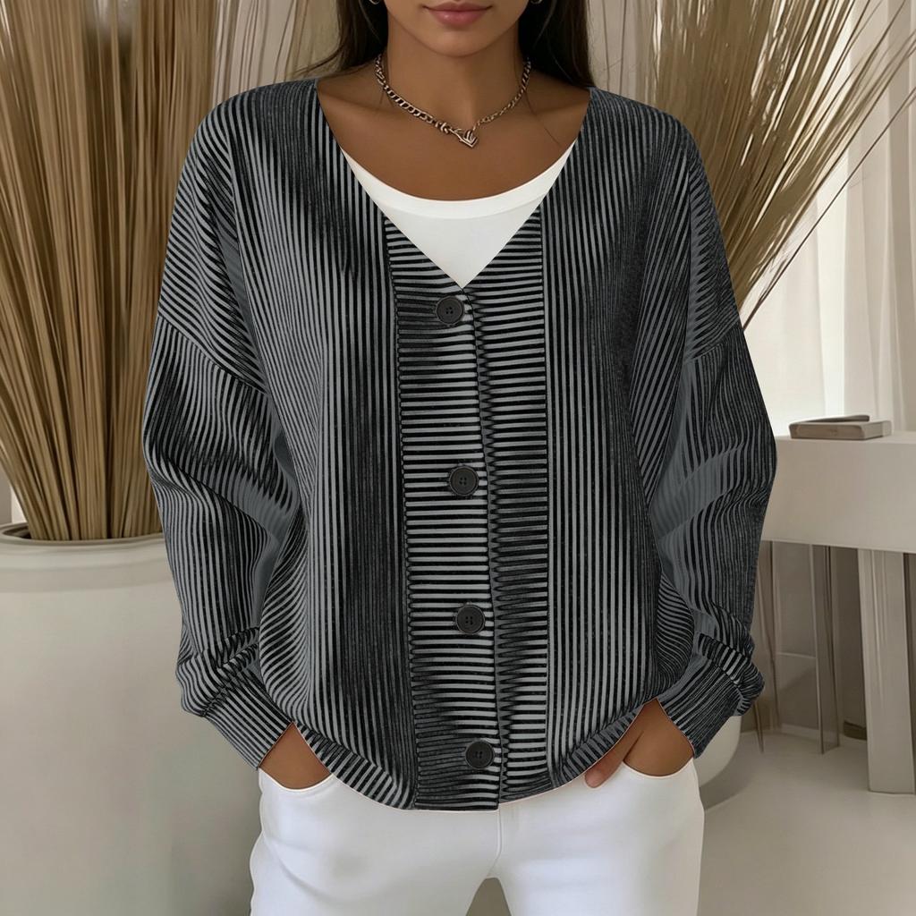 Women's Fashion Striped V Neck Long Sleeve Button Front Cardigan Casual Outerwear Lightweight Layered Top for Everyday Wear