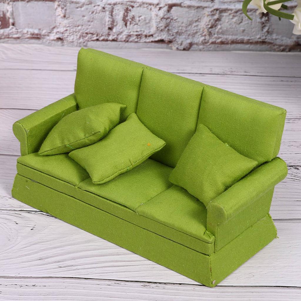 1:12 Doll House Mini Sofa with 3pcs Pillow Living Room Furniture Wooden Doll House Decoration AccessoriesGreen