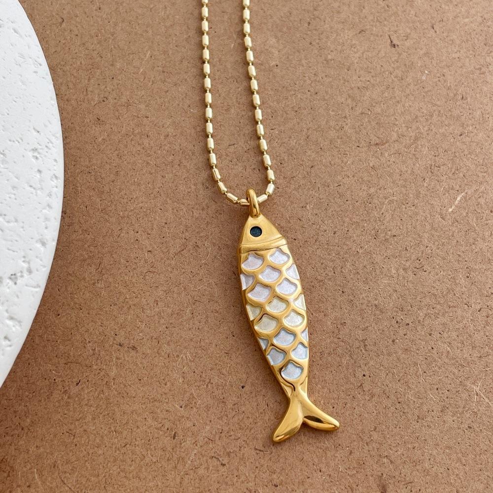 

Real Gold Plated Beads Long Sweater Chain INS Hot White Blue Gradient Color Metallic Fish Pendant Necklaces for Women 74cm