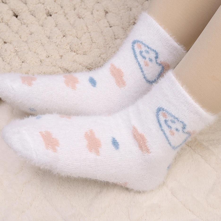 Winter Snug Plush Warm Socks Women Cartoon Thermal Middle Tube Sock Girls Feet Protection Bright Color Soft Thick Lining Hosiery
