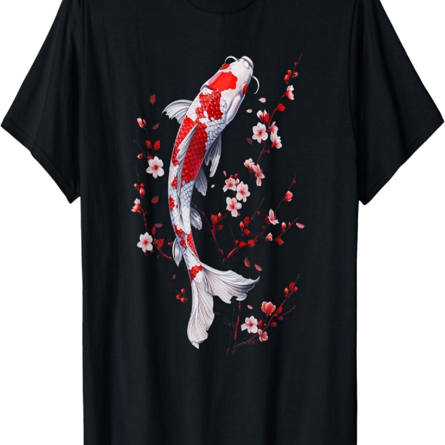 Koi Carp & Cherry Blossom_ Nishikigoi Fish Design T-Shirt(10) S