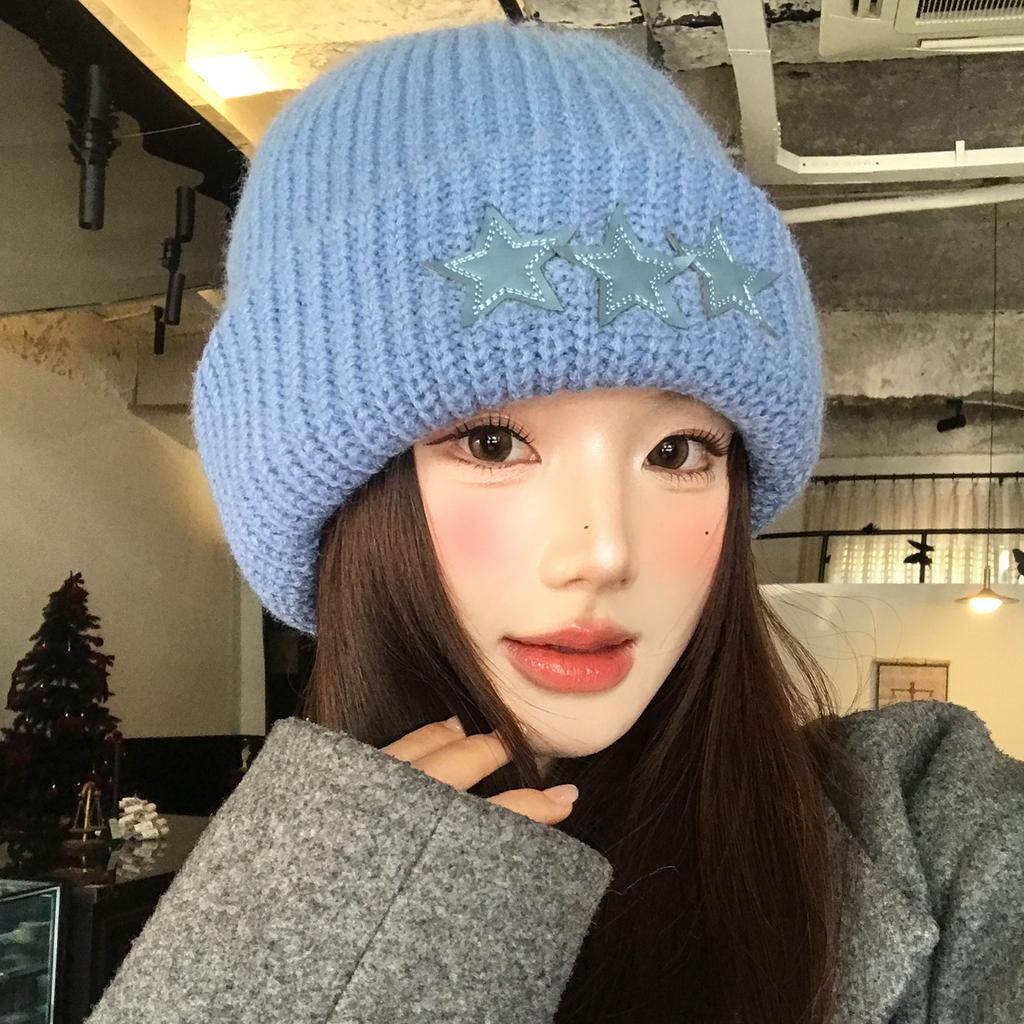 Big Head Circumference Blue Star Knitted Hat Women's New Winter Warm Thickened Korean Version Bag Head Wool Hat