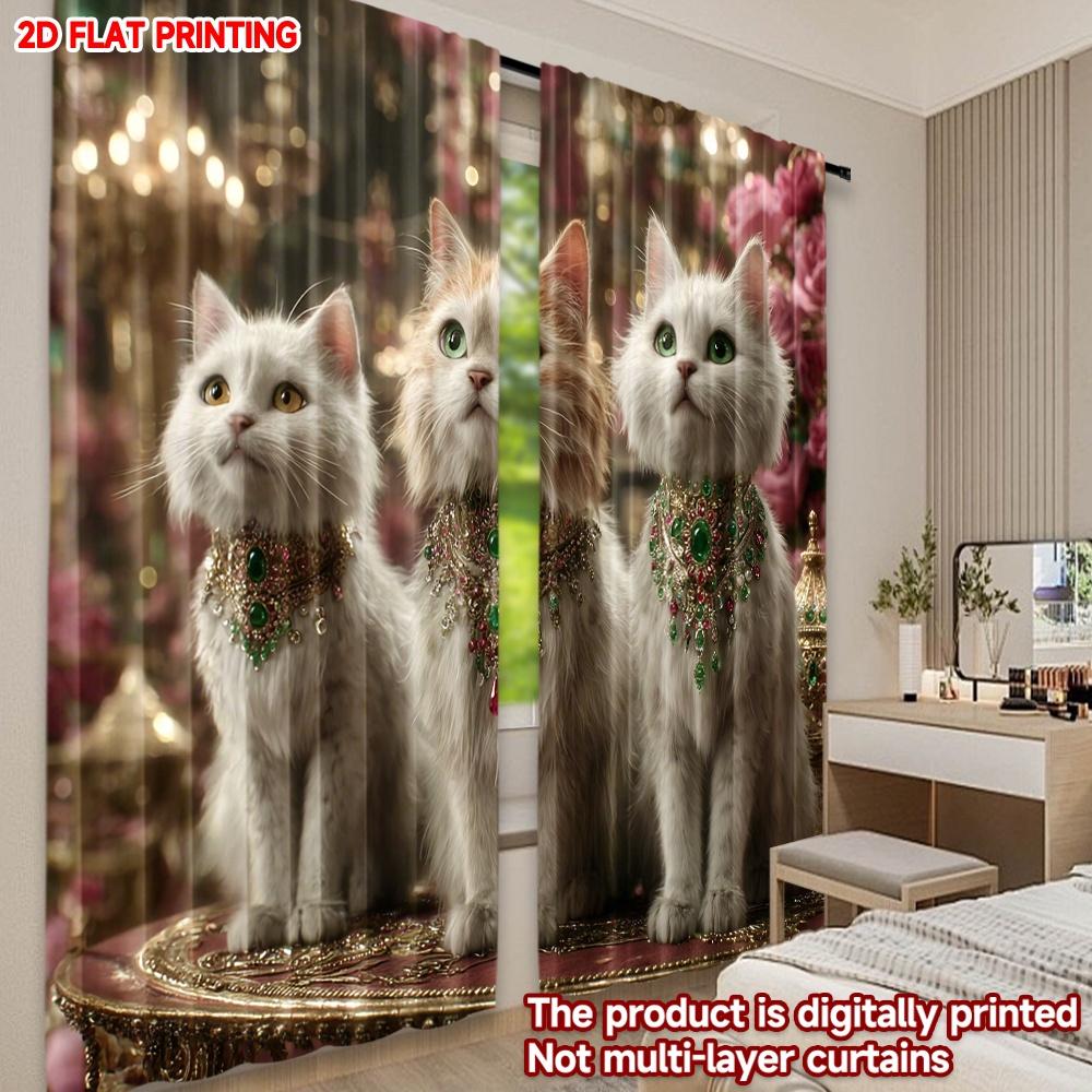 Set Of 2 Royal Cat Curtains White Cats Gemstone Collars Gold Pink Floral Background Luxurious Living Room Decor Curtain Polyester Ideal For Great