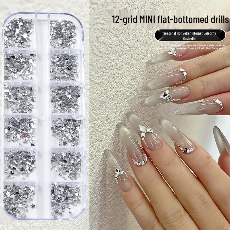 12-Grid Mini Nail Art Rhinestones, Colorful Irregular Champagne Crystals, Super Flash Flatback Nail Accessories.