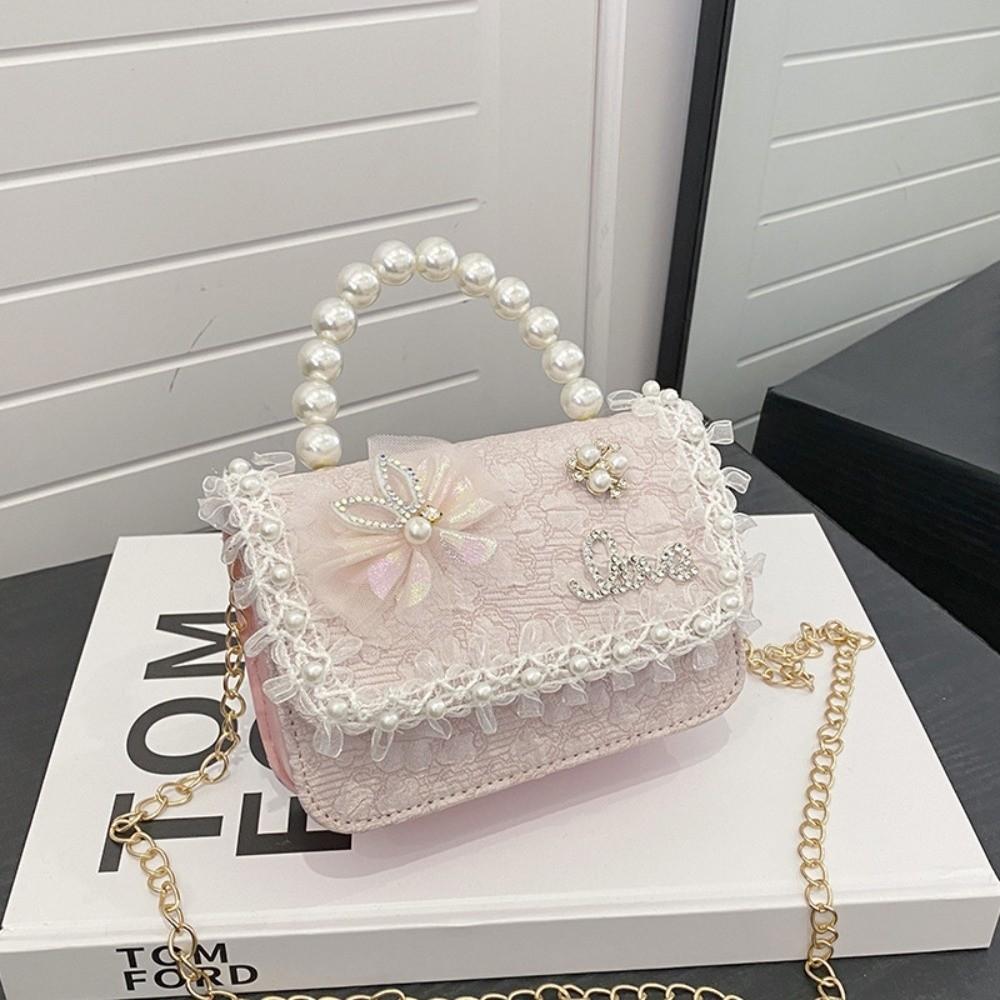 Fashion Pearl Lace Children's Crossbody Bag Lightweight Princess Girl Shoulder Bag Adjustable Handbag