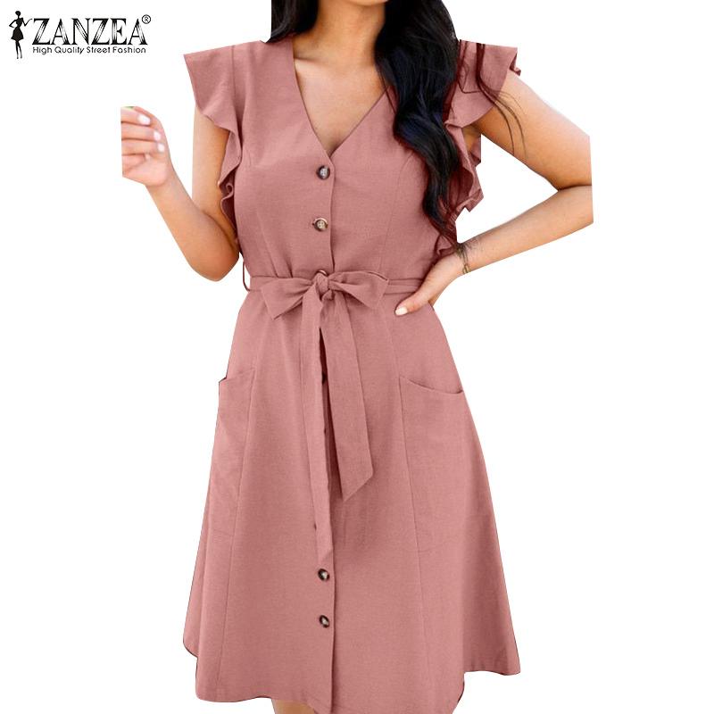 

ZANZEA женское летнее повседневное свободное платье без рукавов с v-образным вырезом и оборками, праздничное