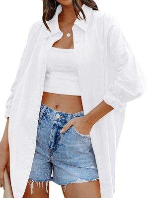 Women's Oversized Button Down Blouse Long Sleeve Stand Collar Loose Casual Top with Pockets
