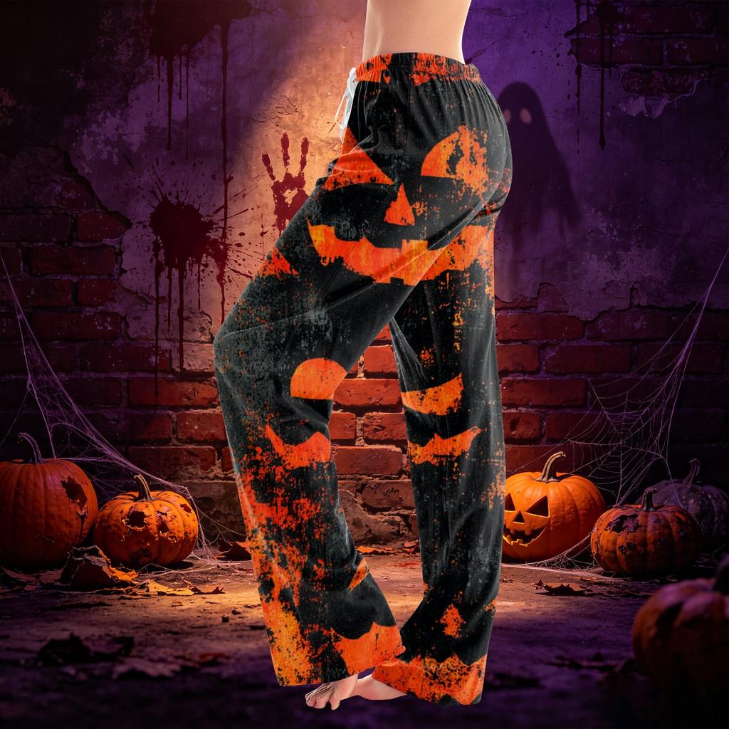Women Drawstring Waist Halloween Print Long Pants Casual Loose Fit Trousers for Daily Home Lounge Wear