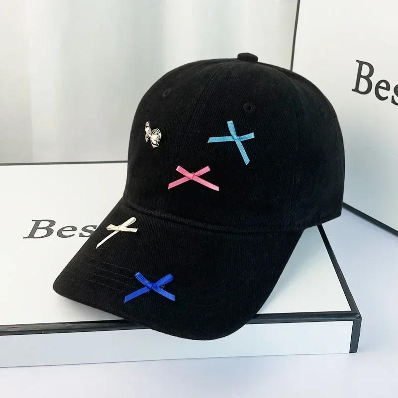 Korean Dopamine Bow Embroidery Baseball Cap Adjustable Washed Denim Snapback Hats For Women Girl Cute Top Sun Hat Female Caps