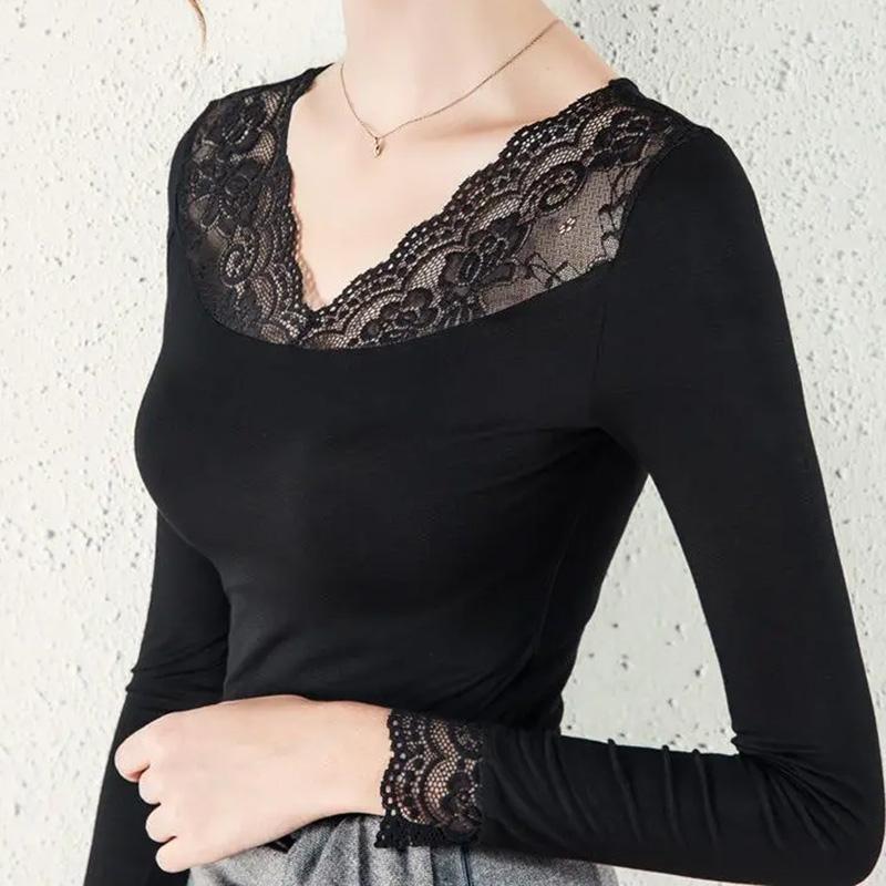Tops for Women Pullover Cotton Long Sleeve V-neck  Autumn Winter Warm Slim Thickened Lace Top