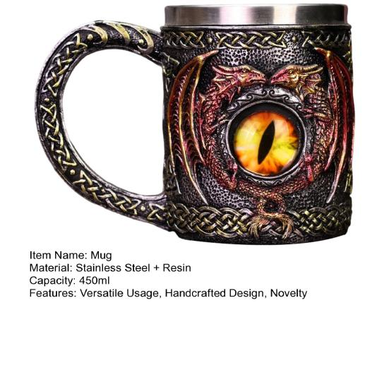 Hrnek na pivo Viking Dragon 450ml Nerezový hrnek z pryskyřice Ručně malovaný středověký hrnek na pivo Kávový čaj Dárek pro muže Fanoušci Viking Decor