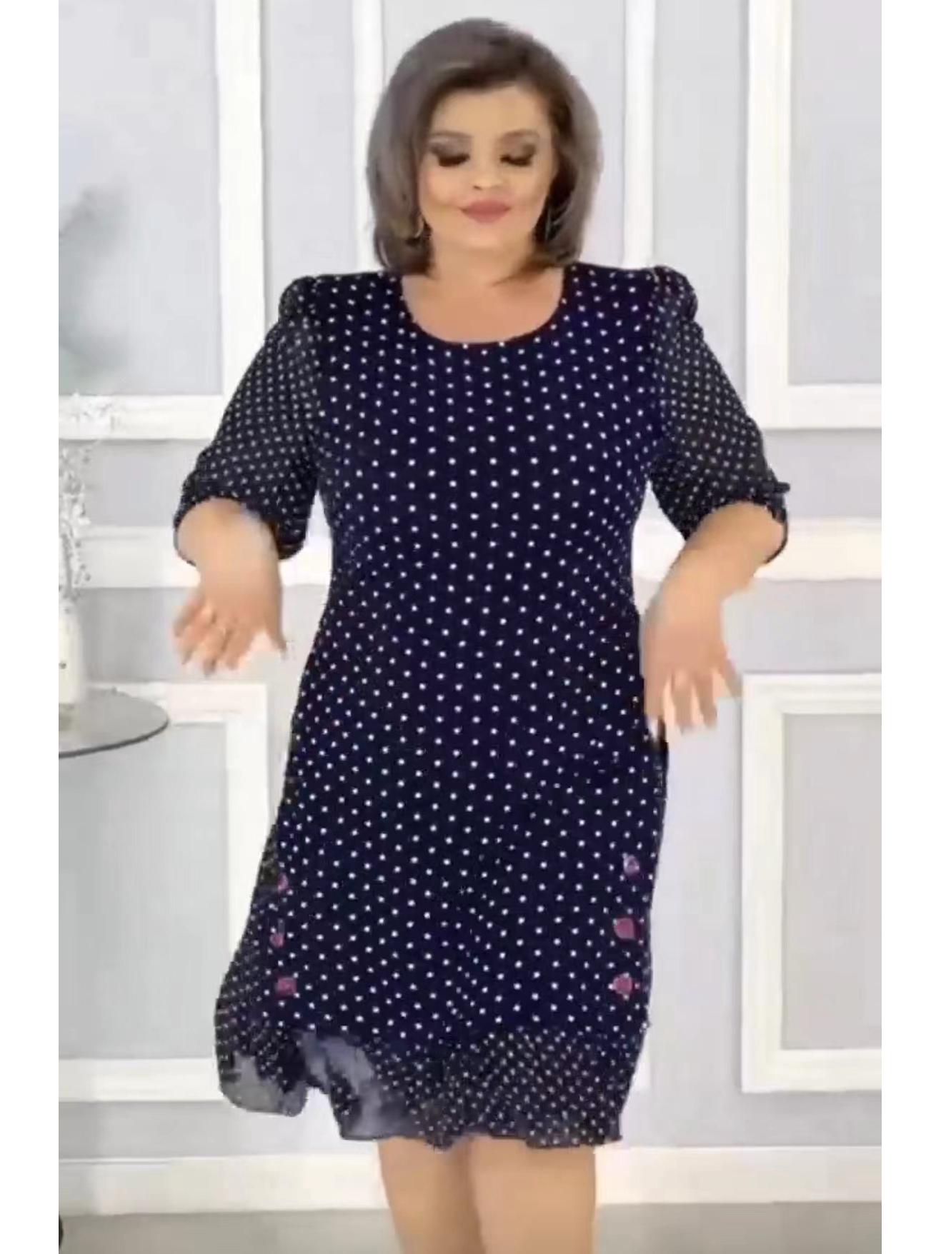 

2025 Summer European & American Polka Dot Mid-Length Mini Dress for Women - Round Neck, Short Sleeve 4XL