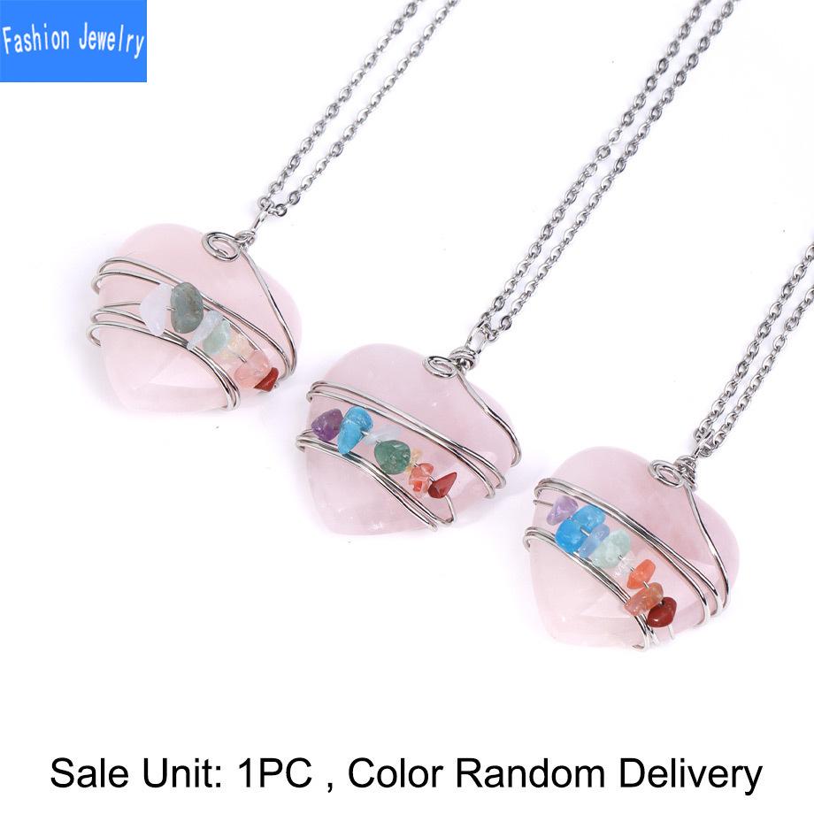 Natural stone crystal heart-shaped winding colorful gravel pendant necklace personalized fashion jewelry