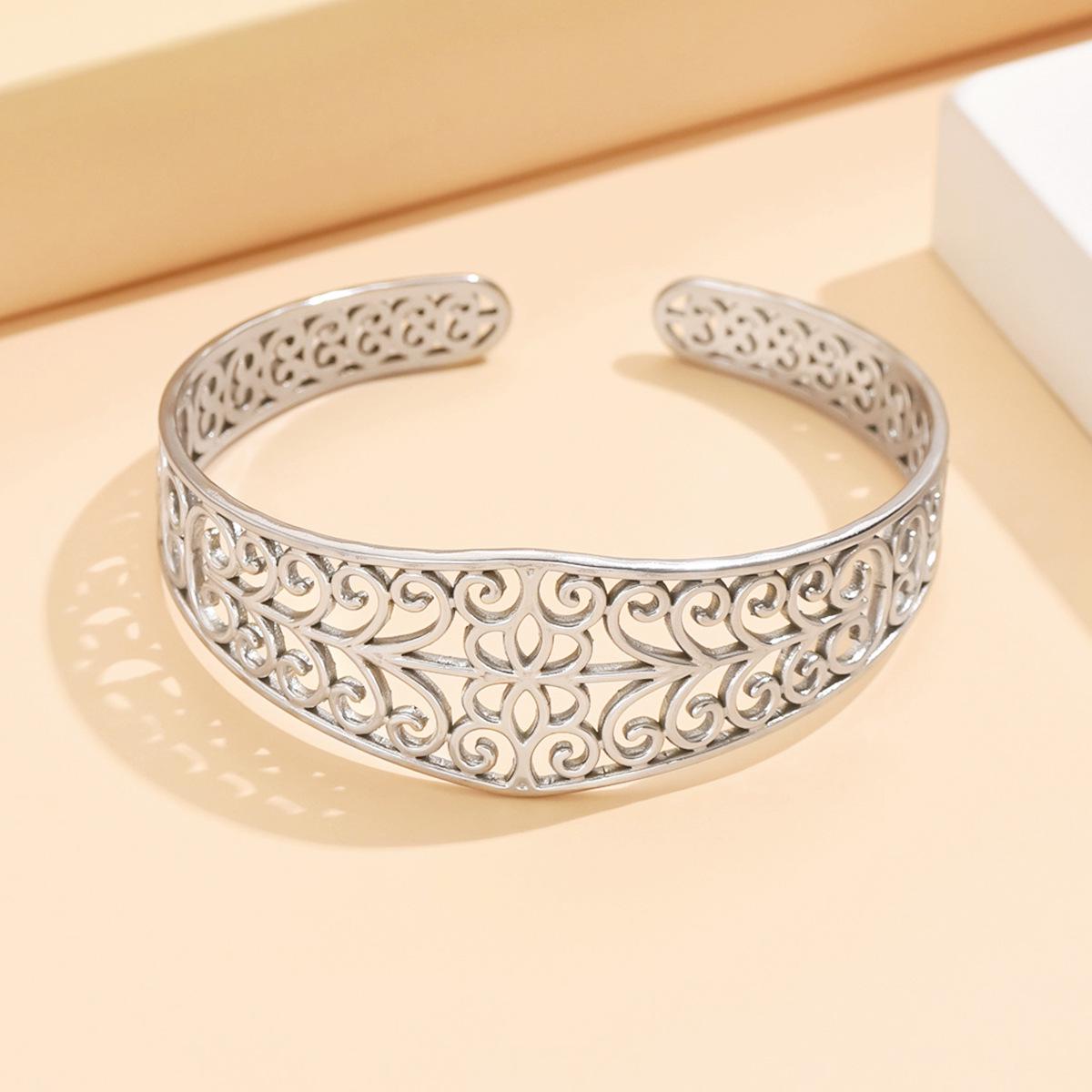 Cross Stainless Steel Vine Flower Pattern Cuff Bracelet - Elegant Retro Court Style Hand Jewelry
