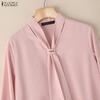 ZANZEA Women Casual Bow Collar Solid Color 3/4 Sleeve Blouse