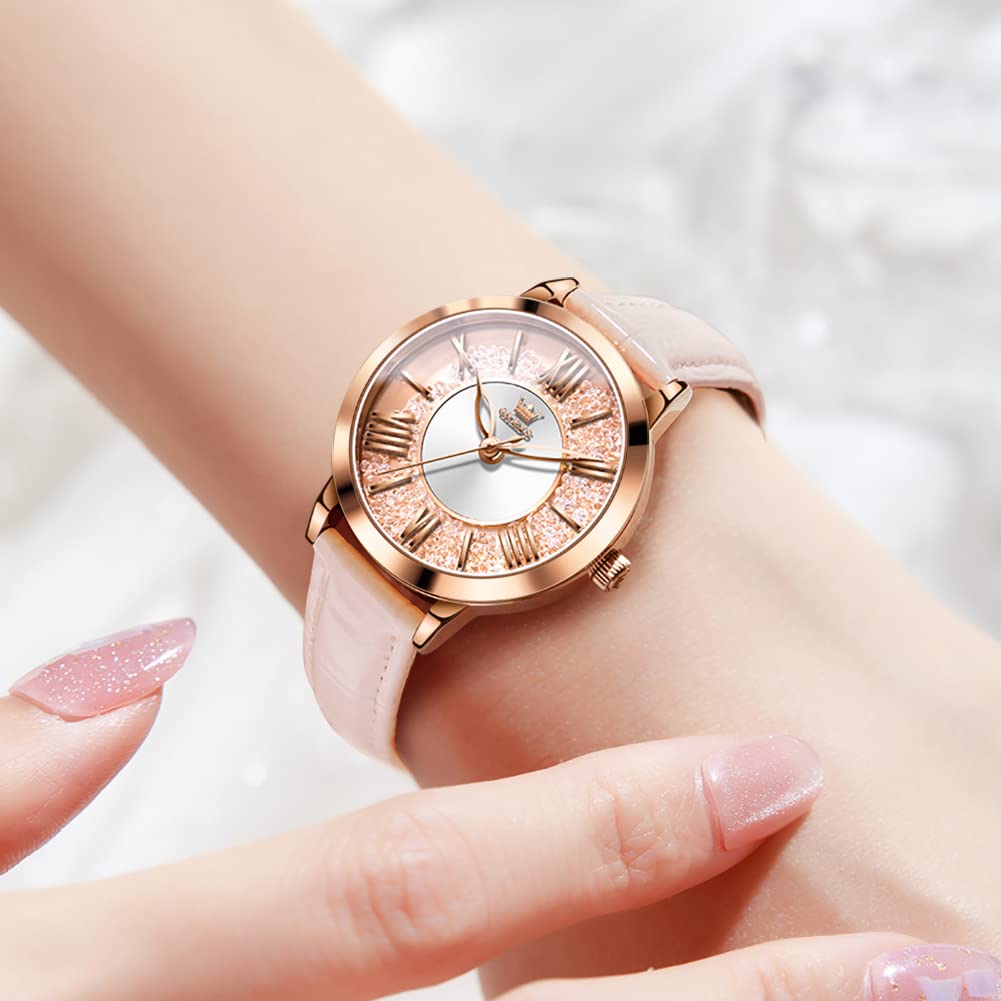 OLEVS Watch Popular Quartz Arm Watch Ladies Glitter Dial Diamond Quicksand Waterproof Luminous Present Day Watch for Women Pink Women's Mother's