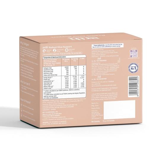 Arth by Emcure Radiant Glow Support Plant Based Collagen with Glutathione, 0N X 10g Easy To Carry Sachets | 20 Day Pack |