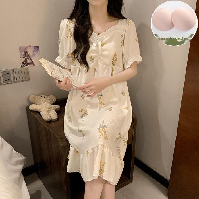 

Ночная рубашка с короткими рукавами и нагрудной подкладкой 2024 года – Милый хлопковый облачный стиль в стиле мультяшной принцессы Medium (M)