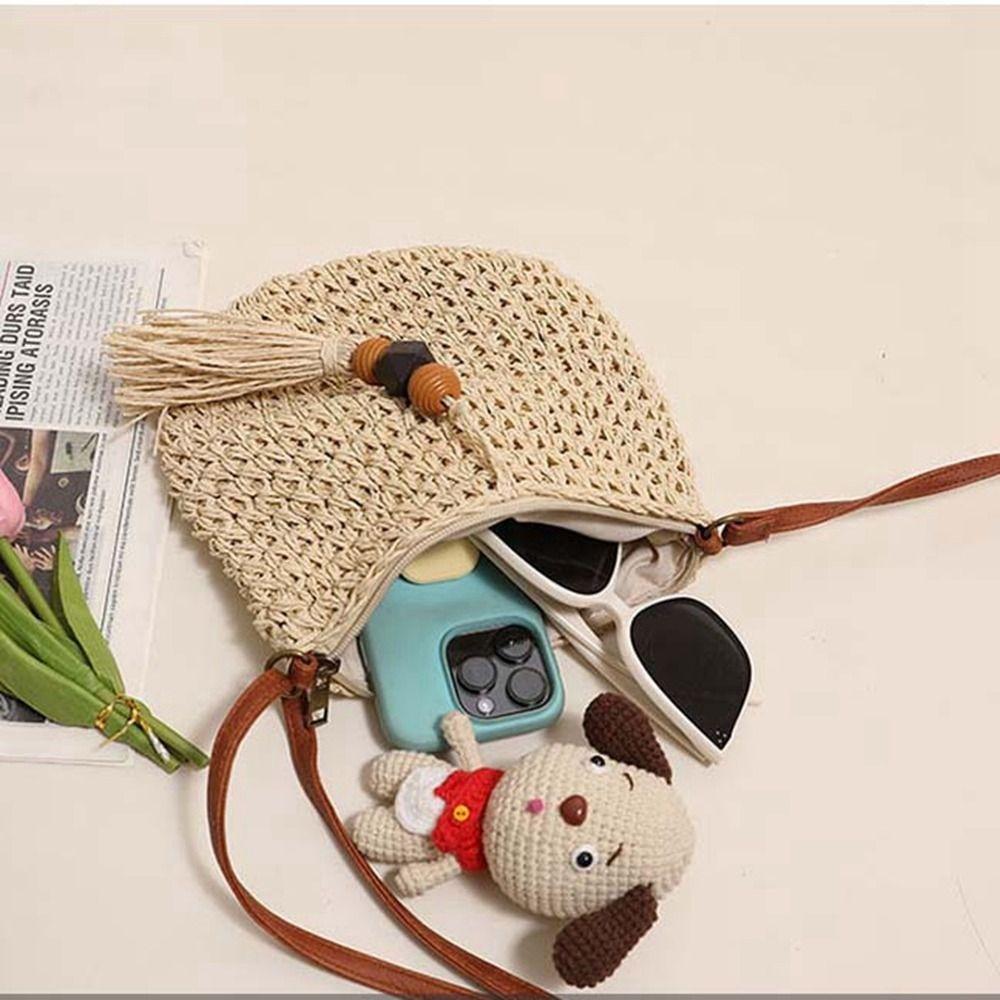 Pu Leather Weave Straw Crossbody Bag Wood Bead Tassels Beach Bag Fashion Raffia Bag  Shopping