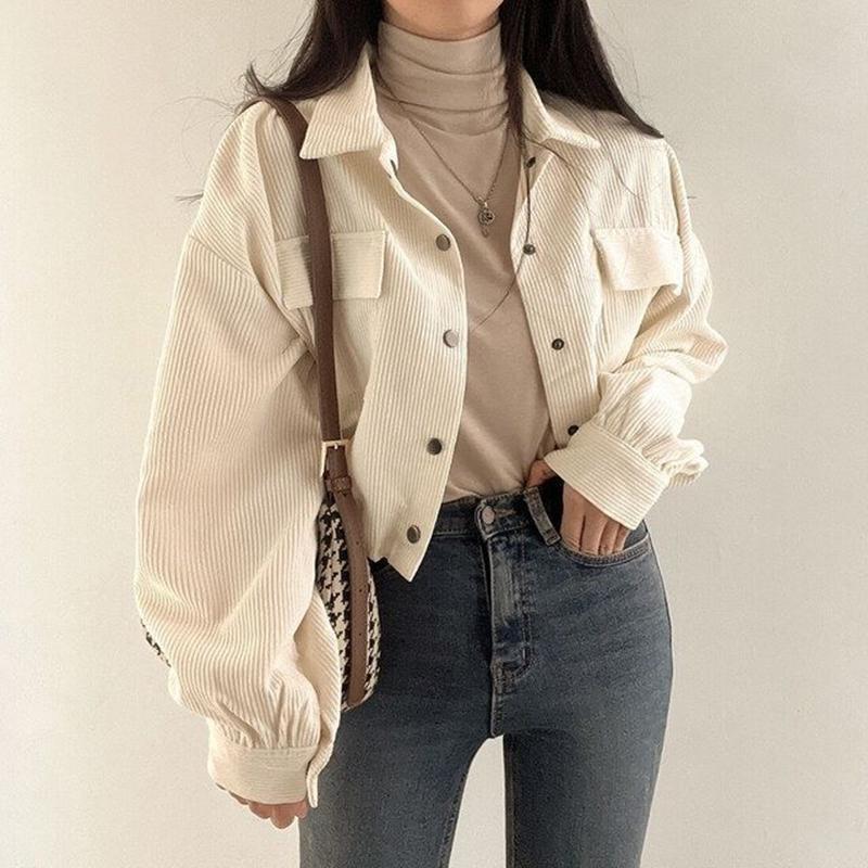 Rimocy Chic kapsy Dlouhý rukáv zkrácená halenka pro ženy Manšestrová Krátká bunda se stahovací šňůrkou Korejské divoké jednobarevné kabáty