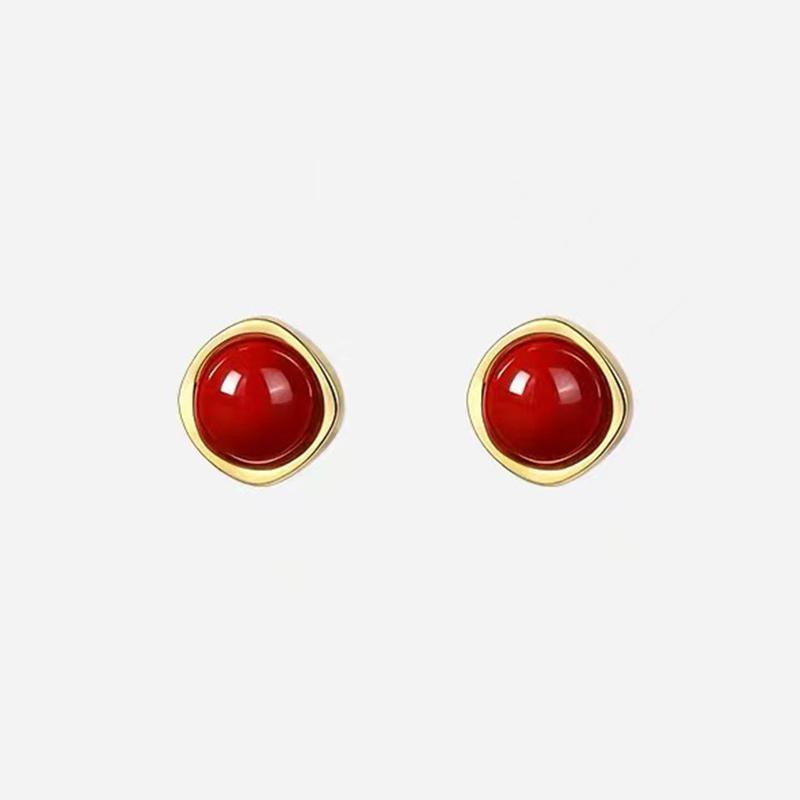 Real 925 Silver 14K Gold Red Bead Geometric Mini Stud Earrings For Women Classic Fine Jewelry Light Accessories