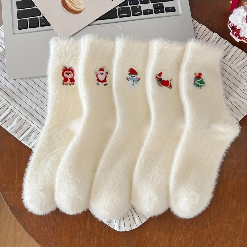 

Белые плюшевые теплые рождественские зимние домашние повседневные носки для девочек-подростков, носки до середины икры с вышивкой, для подростка 5 pairs