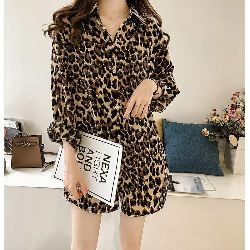 

2026 Women s Trendy Leopard Print Loose-Fit Plus Size Long Sleeve Mid-Length Shirt 3XL