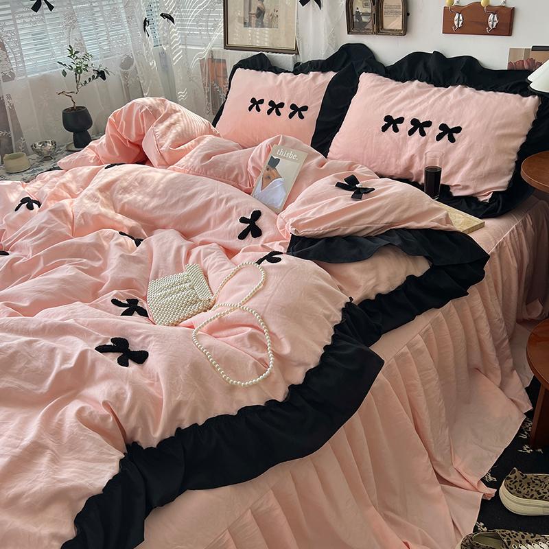 Korean Princess Style Kawaii Girl Black Bow Bedding Set Skin-friendly Soft Duvet Cover Set Bed Sheet Or Bed Skirt Pillowcases