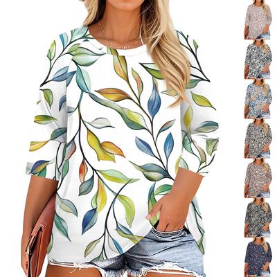 Women's Fashion Casual Print Round Neck 3/4 Sleeve T-Shirt Top