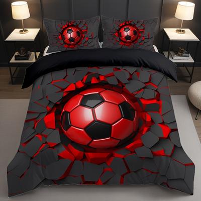 2/3-teiliges Fußball Bettbezug Set, 3D Zersplitterter Schuss Zementwand Druck, Universitätsfußball Sportliga Bettwäsche mit Kissenbezug