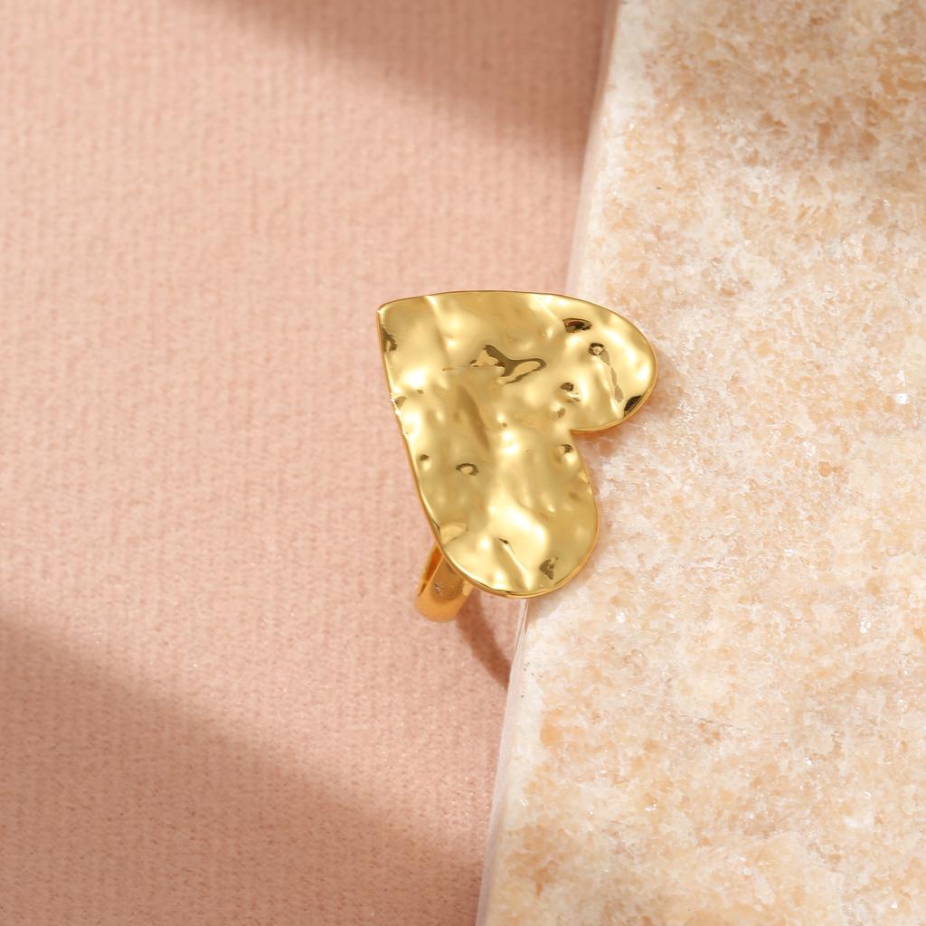 Golden Plated Hammered Heart Open Adjustable Ring for Women Elegant Statement Jewelry Gift
