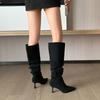 Fashion Pleated Faux Suede Knee-High Boots Women Pointed Toe Slip-On Western Cowboy Boots Woman 2025 Autumn Thin Heels Long Botas Mujer