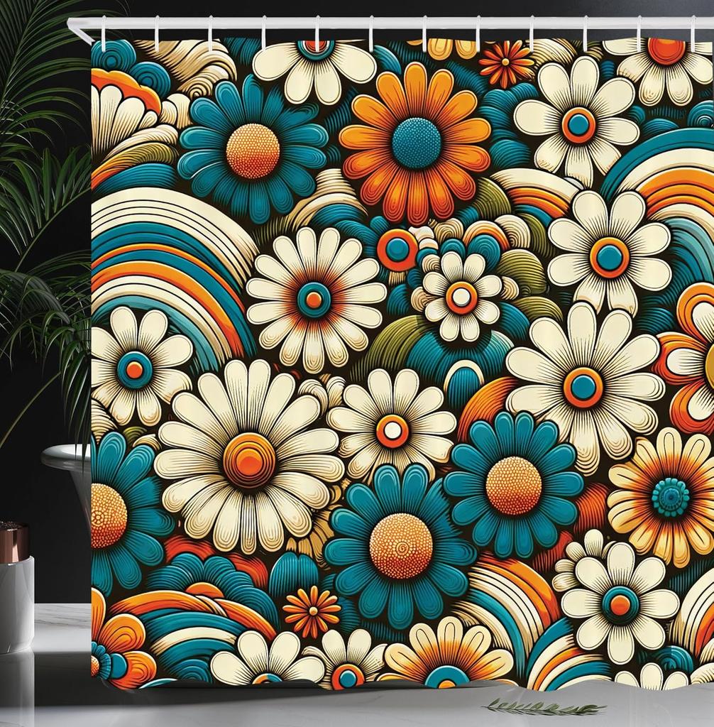 Hippie Shower Curtain, Daisy Look Flowers on Abstract Groovy Style Waves Retro 60s 70s Vibes, Cloth Fabric Bathroom Decor Set