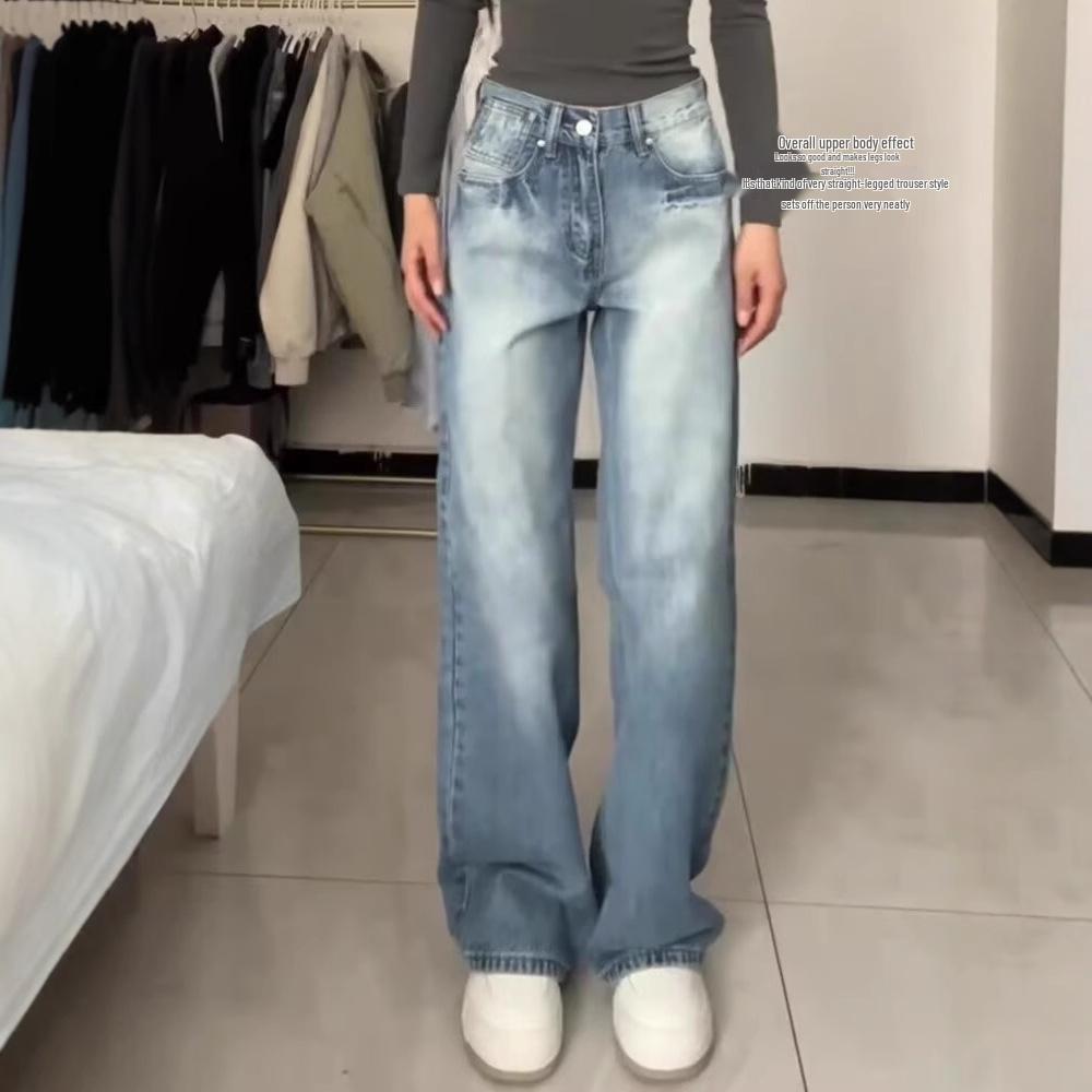 Damen Retro High-Waist Hellblaue Straight-Leg Jeans - Locker, Figurschmeichelnd und Trendig für Frühling/Sommer.