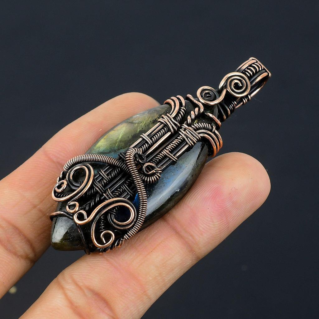 Labradorite Pendant, Handmade Gemstone 999 Copper Wire Wrapped Pendant Antique Jewelry, For Gift Silver Jewelry