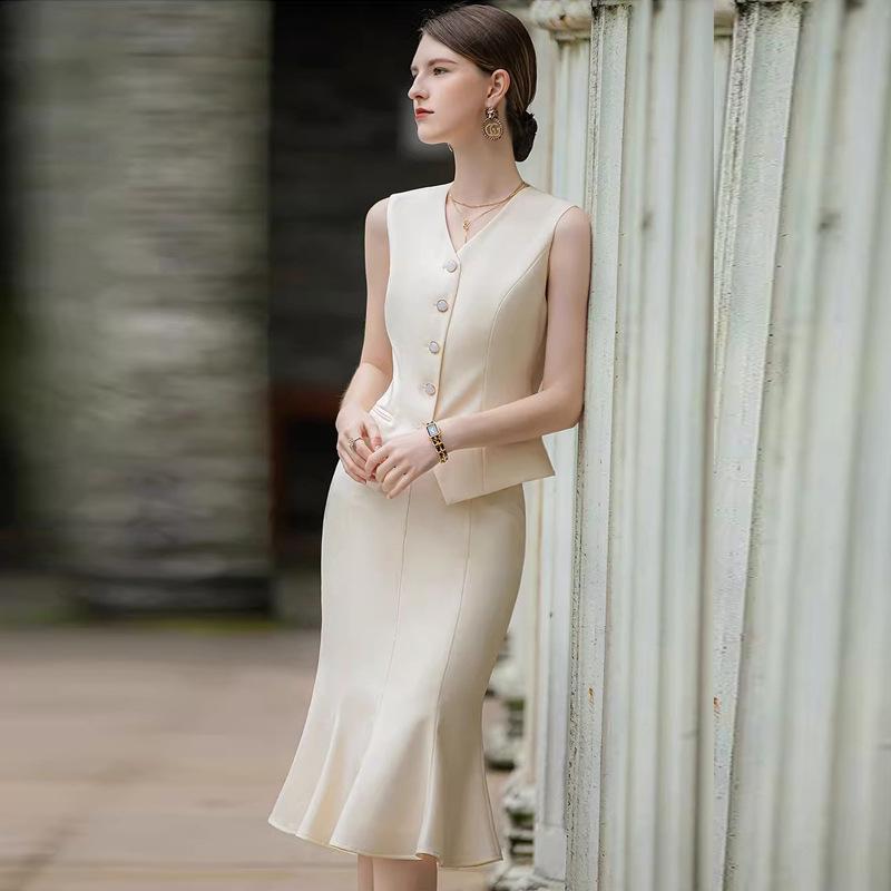 AD Women's High-End Light Beige Cinched Waist Suit: Spring 2025 Blazer & Vest Three-Piece Set