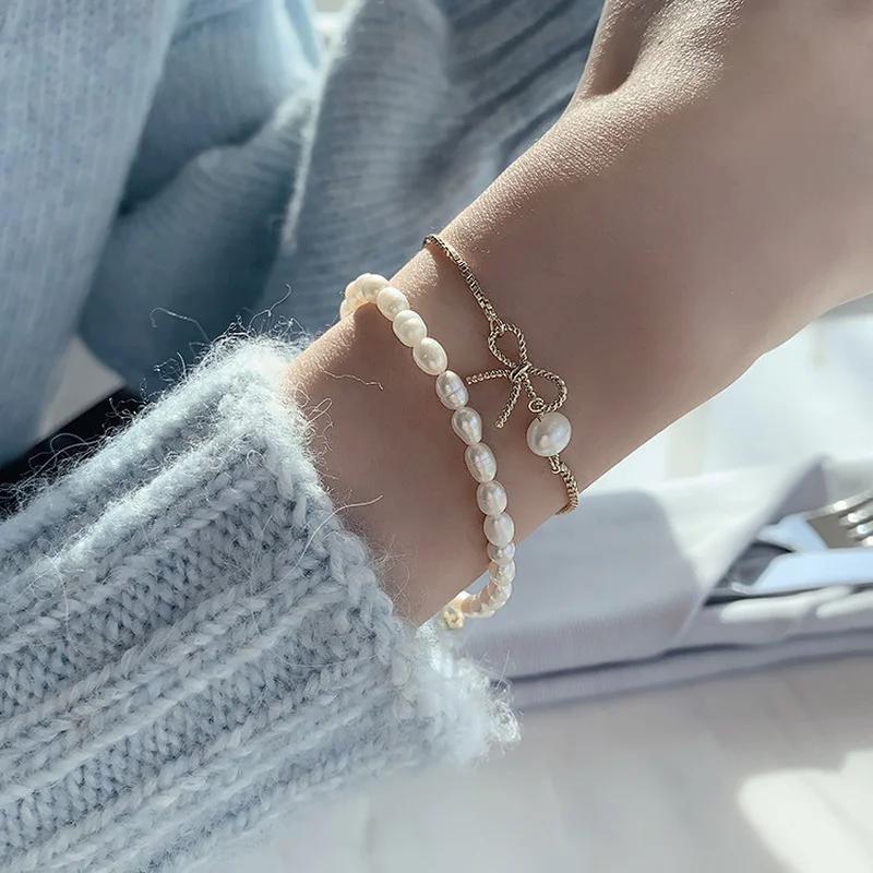 Ladies Fashion Simple Personality Freshwater Pearl Two-piece Bracelet Chain Temperament Adjustable Bracelet